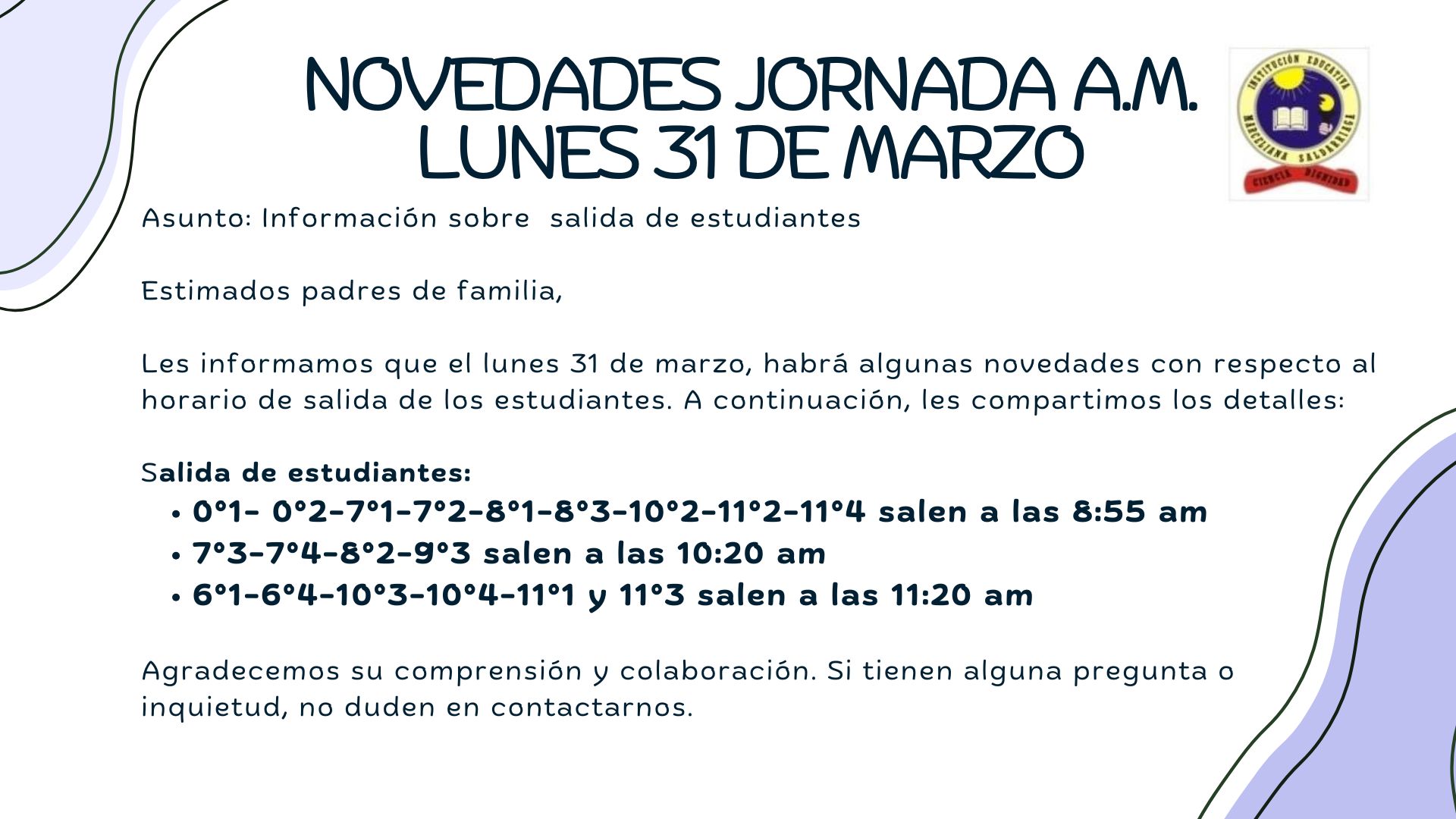 Novedades jornada am , Lunes 31 de marzo